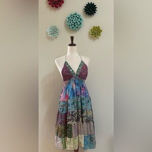 Stunning Zury Silk Bohemian Patchwork Festival Halter Midi Sundress o/s